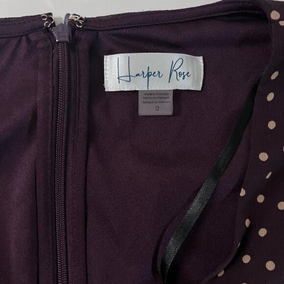 Harper Rose V-Neck Flutter Sleeve Dress Dark Purple Beige Dots Large 12 - Picture 11 of 12